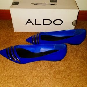Suede blue flats with 3 grey shiny stripes